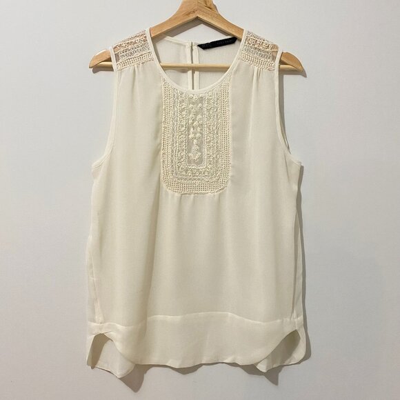 Zara Tops - NWOT Zara Sheer Ivory White Tank Top Blouse with Open Work Bead Embroidery Boho